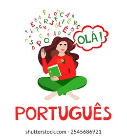 Portugues. Translate:" Portuguese,  hello" Illustration for book, dictionary, vocabulary, speaking, reading, writing, listening skills.  Young woman girl student learning Portuguese. Education   - Powered by Shutterstock