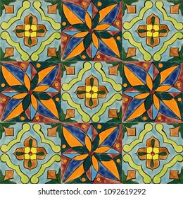 Portuguese azulejo tiles, mexican talavera, italian or spanish majolica. Vintage tiled floor print for ceramic or fabric design.