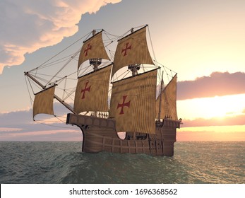 Portuguese caravel of the fifteenth century at sunset
Computer generated 3D illustration