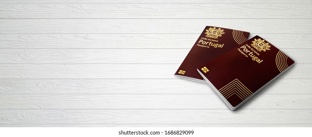 Portuguese Passports on Wood Lines Background Banner with Copy Space - 3D Illustration