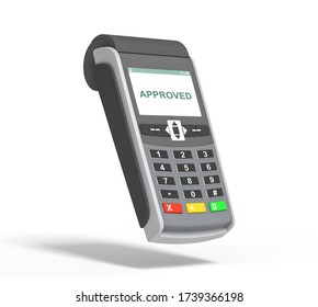POS payment terminal and a screen with awriting APPROVED on it. Checkout equipment. Plastic cards accepted. Money transactions. Revenue. In-store terminal. Isolated on white background. 3d rendering.