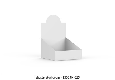 POS POI Cardboard Blank Empty Display Show Box Holder For Advertising Fliers, Leaflets, Products, Magazines And Newspapers. Mock Up Template Isolated On White Background. 3D Illustration