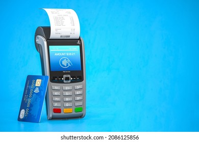 Terminal de punto de venta para el pago con tarjeta de crédito con fondo azul. 3.ª ilustración