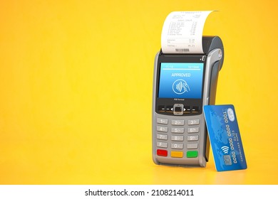 POS Point Of Sale Terminal For Credit Card Payment On Yellow Background. 3d Illustration