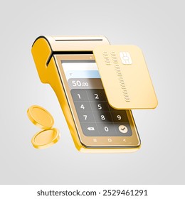 POS terminal with floating coins and credit card. Very peri background. Cashless society concept. Digital transfer of money and data. 3d render illustration. Clipping path included