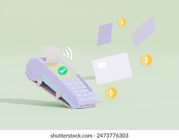 Pos terminal payment methods on pastel purple background with check and credit card. Approved payment. Online payment by credit card 3d render illustration. contactless payment concept.
