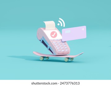 Pos terminal payment methods on pastel background with skateboard, check and credit card. Approved payment. Online payment by credit card 3d render illustration. contactless payment concept.