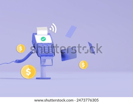 Pos terminal payment methods on pastel purple background with check and credit card. Approved payment. Online payment by credit card 3d render illustration. contactless payment concept.