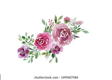 Watercolor Floral Bouquet Purple Burgundy Roses Stock Illustration ...