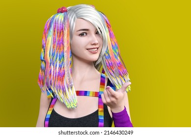 Pose Of Smiling Pop Girl With Colorful Dreadlocks Pointing Index Finger In Front.3D Illustration 3D Rendering