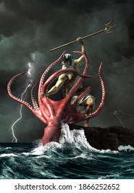 Poseidon, the ancient Greek god of the sea  does battle with the Kraken, a giant octopus. 3D Rendering