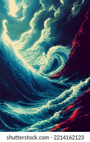 Poseidon, Godly, Hyperdetailed Painting, Ocean, Waves, Concept Art, Dark, Dramatic, Stunning, Dramatic Lighting, Orphism, Imposing, Strong, Hyperdetailed, Azure Red Purple Black And White, Stylize