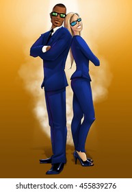 Posing Male And Female Elegantly Dressed In Blue Secret Agents On Orange Background Digital Illustration