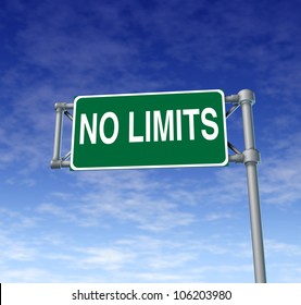 Positive Attitude Represented By A Green Outdoor No Limits Highway Sign As A Symbol Of Determination In Business Success And A Concept For Setting Goals For Financial Opportunity On A Clear Blue Sky.