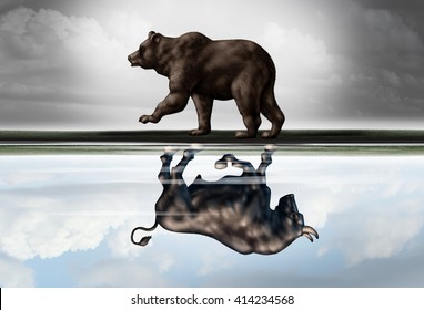 Positive Financial Outlook Business Concept As A Bear Casting A Reflection Of A Forward Moving Bull As A Hopeful Forecast In Stock Market Investing In A 3d Illustration Style.