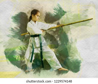 Positive Girl Dressed In Kimono Practice New Moves In Karate Class