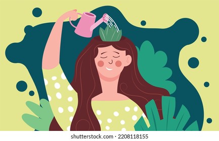 Positive Growth Mindset In Woman And Optimistic Vision Of Life. Girl Is Watering The Flowers In Head And Brain. Human Mental And Psychological Health Or Motivation With Development Illustration