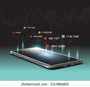 The Positive And Negative Numbers Are On Top Of The Mobile Phone With A Graph On The Screen.