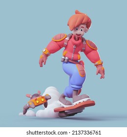 Positive teenage girl with an open smiling mouth wears short red puffer jacket, blue jeans, flies riding a futuristic sci-fi skateboard. Small yellow robot runs nearby. 3d render in minimal art style.