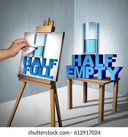 Positive Thinking Concept And Optimistic Point Of View Symbol As A Half Empty Glass Of Water Being Interpreted By An Optimistic Person As Half Full Successful Metaphor With 3D Illustration Elements.