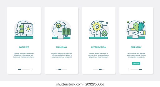 Positive Thinking Interaction In Psychology Illustration. UX, UI Onboarding Mobile App Page Screen Set With Line Human Brain Mental Psycho Process To Understand, Empathy Experience Intelligence