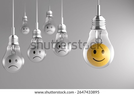 Positive thinking, optimism and happiness and creativity concept with a yellow light bulb with a happy face among sad white light bulbs. 3D render.