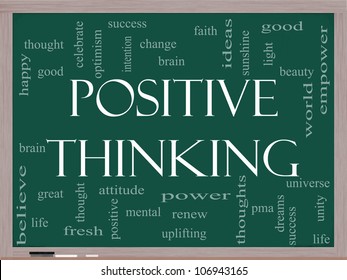 Positive Thinking Word Cloud Concept on a Blackboard with great terms such as good, mental, thought, life, optimism and more