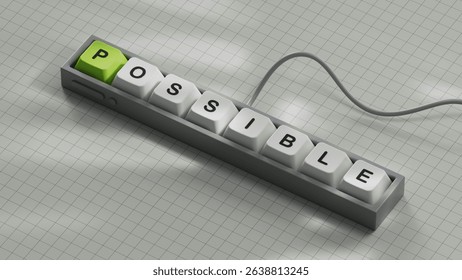 possible.Computer keyboard keys spelling.Flat lay view from above on white background with computer keyboard keys buttons.IT technology concept.3D rendering on white background.