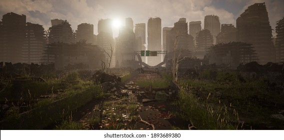 Post Apocalypse Concept. Ruined City. Drought And Global Catastrophe. 3d Illustration