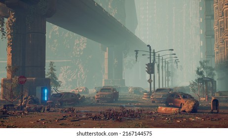 Post apocalypse concept  ruined city  Fantasy Concept  3d illustration High quality 3d background Apocalypse city in fog  Aerial View the destroyed city  Apocalypse concept 
