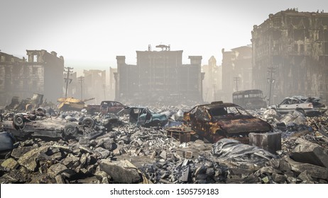 Post Apocalypse, Ruins Of A City. Apocalyptic Landscape, 3d Illustration.