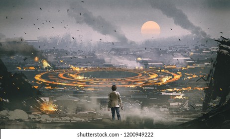 post apocalypse scene showing the man standing in ruined city and looking at mysterious circle on the ground, digital art style, illustration painting