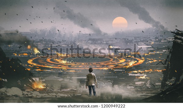 荒廃した都市に立ち 地面に謎の円を見る男を示す黙示録の後のシーン デジタルアートスタイル イラトスペインティング のイラスト素材
