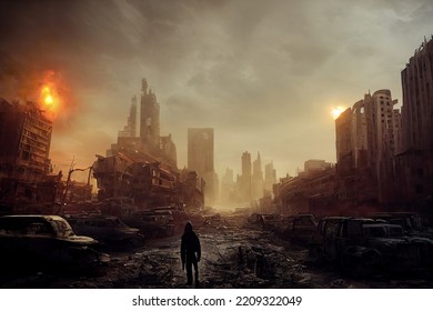 Publicar una ciudad apocalíptica abandonada en ruinas Escena épica cinemática, pintura digital Ilustración, niebla, sola persona aislada