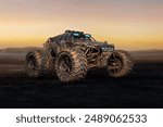 Post apocalyptic cyberpunk off road car in a desert landscape at sunset. 3D render.