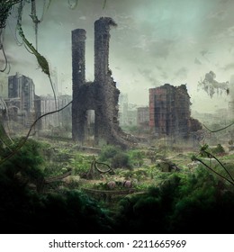 Post Apocalyptic Landscape. Destroyed City, Urban Skyline In Ruins, Damaged Building. End Of The World, End Of Civilization, Doomsday. Painting, Concept Art, Illustration. Nature Healing