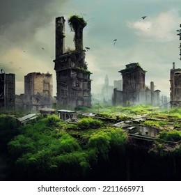 Post Apocalyptic Landscape. Destroyed City, Urban Skyline In Ruins, Damaged Building. End Of The World, End Of Civilization, Doomsday. Painting, Concept Art, Illustration. Nature Healing