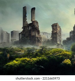 Post Apocalyptic Landscape. Destroyed City, Urban Skyline In Ruins, Damaged Building. End Of The World, End Of Civilization, Doomsday. Painting, Concept Art, Illustration Nature Healing