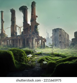 Post Apocalyptic Landscape. Destroyed City, Urban Skyline In Ruins, Damaged Building. End Of The World, End Of Civilization, Doomsday. Painting, Concept Art, Illustration Nature Healing