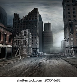 Post apocalyptic scene with a city street