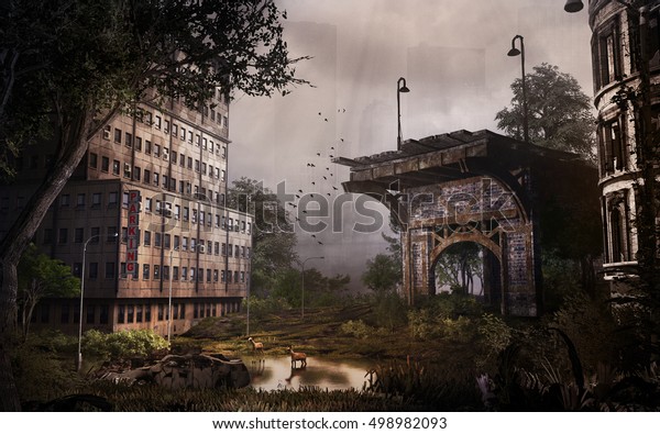 Paisaje Apocalíptico Con Construcción De Ciudad Y Puente En Ruinas