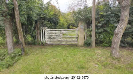 Post Impressionism Digital Painting Of A Buenos Aires Countryside Fence Surrounded By Green Nature.