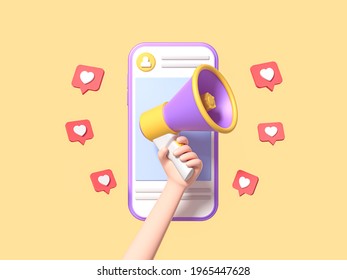 Post information alert from hand with megaphone or loudspeaker on a phone with pin like. Flat cartoon announce notification banner sign on a yellow background. 3d render