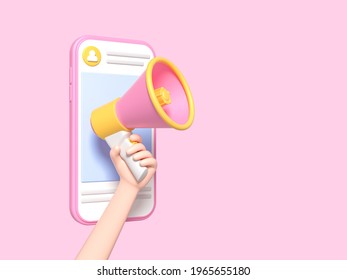 Post Information Alert From Hand With мan Megaphone Or Loudspeaker On A Phone. Flat Cartoon Announce Notification Banner Sign On A Pink Background. 3d Render