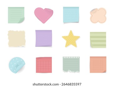Post it notes icons vector set. Cute colourful sticky notes , heart and star shapes, pastel memo pads, ideal for digital planning, scrapbooking, journaling, and school-themed design.