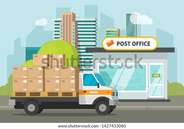 Post office\
on city street and cargo truck loaded parcel boxes illustration,\
flat cartoon postoffice storage building and delivery car,\
transportation or delivery service\
image