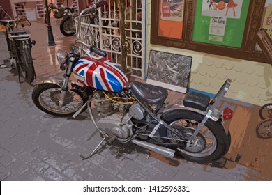 Post World War Two, Antique British Motorcycle Display on a street corner
