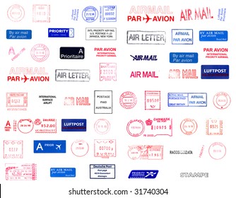 Postage meters, rubber stamps, mail labels isolated over white