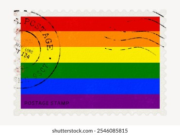 Postage stamp with rainbow flag design, symbolizing LGBTQ+ pride. Rainbow colors on stamp, LGBTQ+ pride theme. Stamp with rainbow flag, LGBTQ+ symbol. LGBTQ+ rainbow flag postal stamp. - Powered by Shutterstock