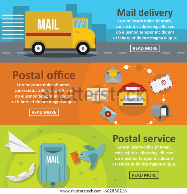 Postal delivery banner horizontal concept set. Flat\
illustration of 3 postal delivery  banner horizontal concepts for\
web